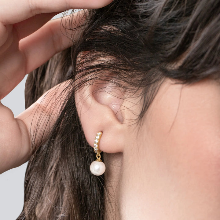 Sterling Silver Pearl Dangle Huggie Earrings