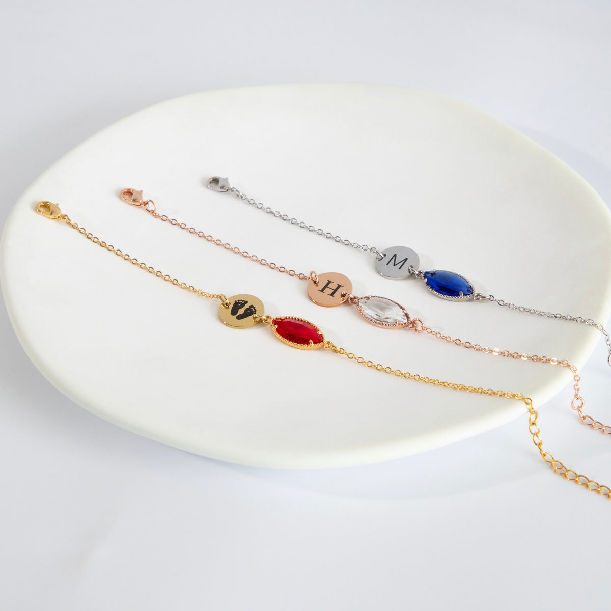 Personalized Birthstone Initial Bracelet – Beaded Marquise Stone Frame
