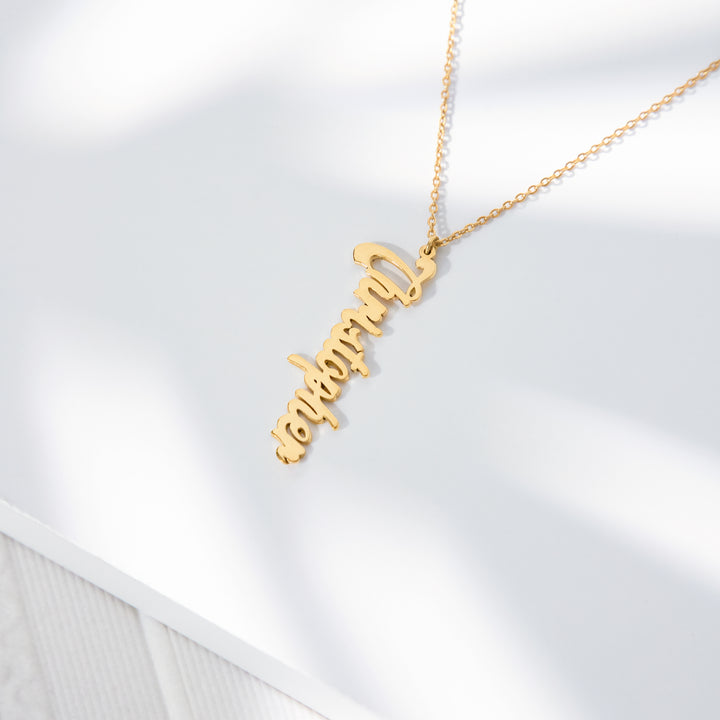 Personalized Vertical Name Necklace – Custom Script Pendant in Gold, Silver, or Rose Gold- NC10