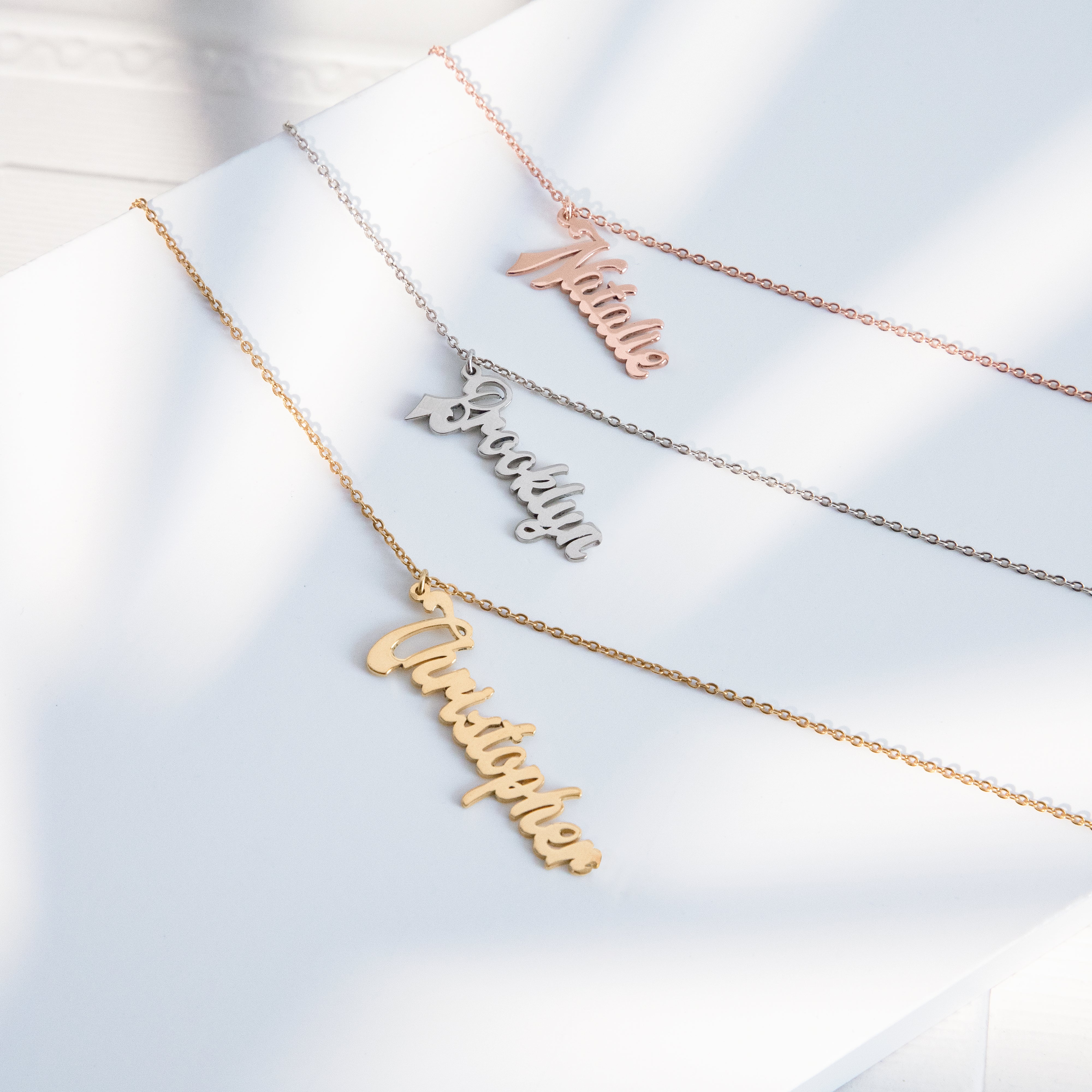 Personalized Vertical Name Necklace – Custom Script Pendant in Gold, Silver, or Rose Gold- NC10