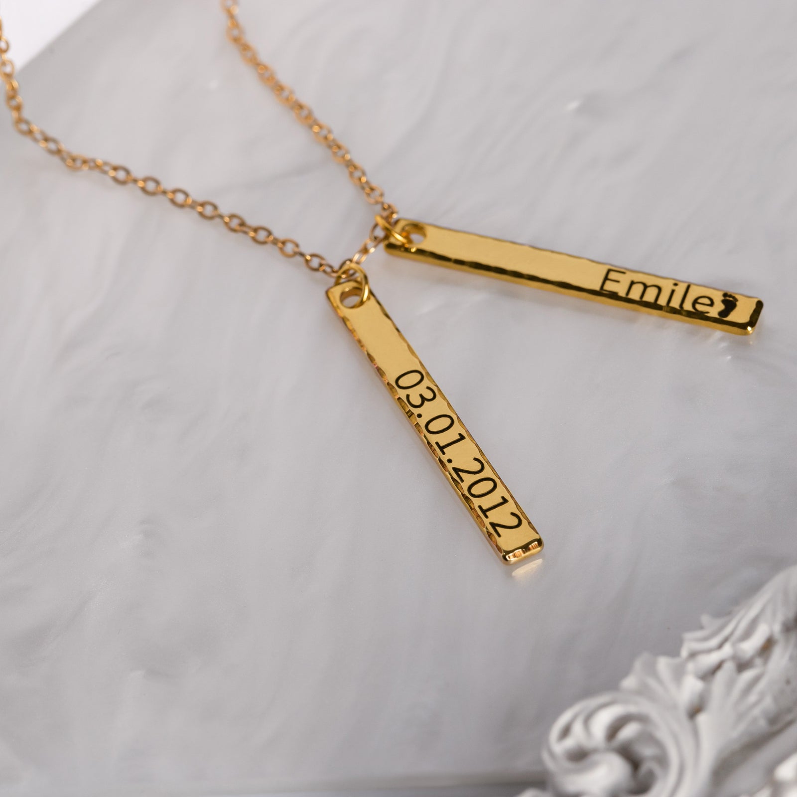 Vertical Bar Necklace – Hammered Edge Engraved Minimalist Jewelry