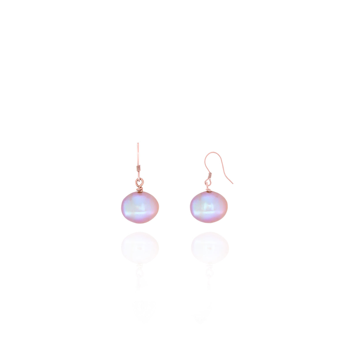Pair of rose-gold-tone dangle earrings with iridescent lavender-pink rounded drops on a white background