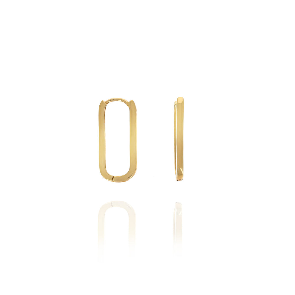 A pair of gold-colored hoop earrings on a white background.