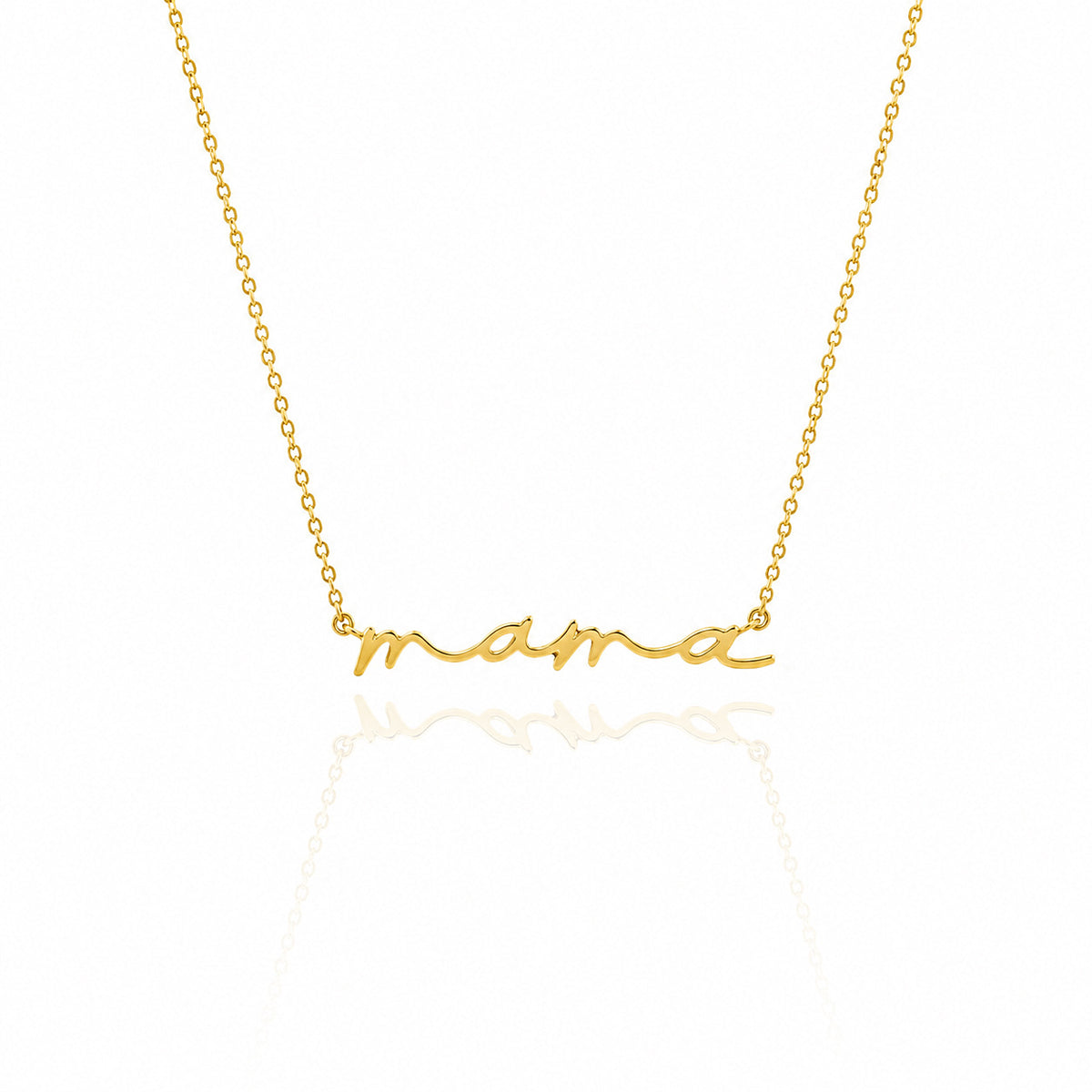 Gold-tone mama script necklace displayed on a white background