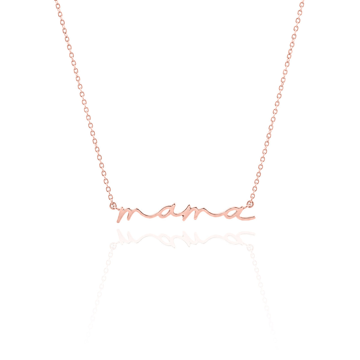 Rose gold-tone mama script necklace displayed on a white background
