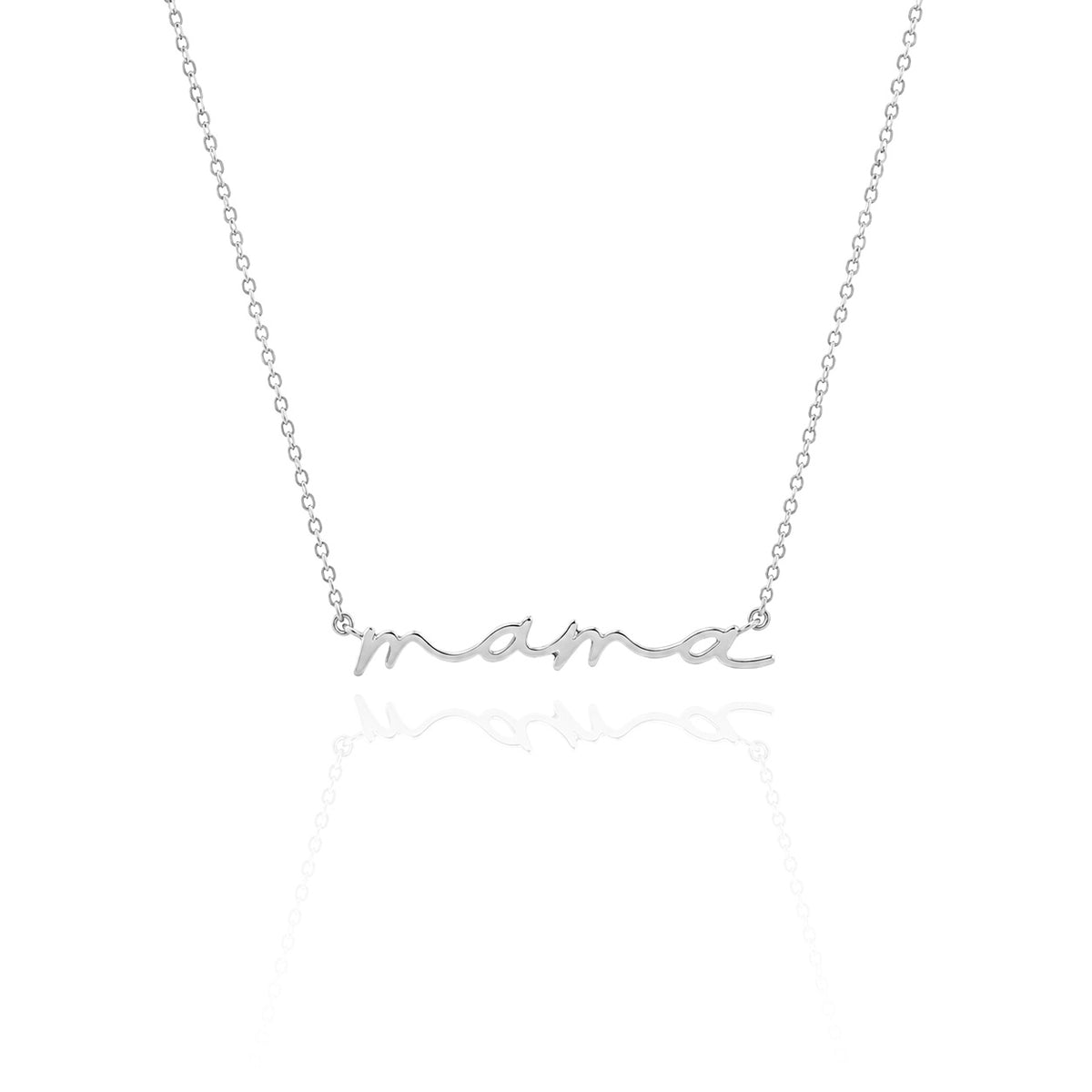 Silver-tone mama script necklace displayed on a white background