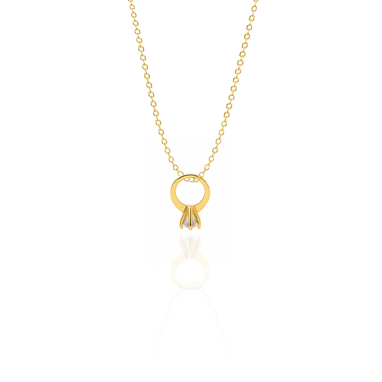 Gold necklace with a circular pendant on a white background