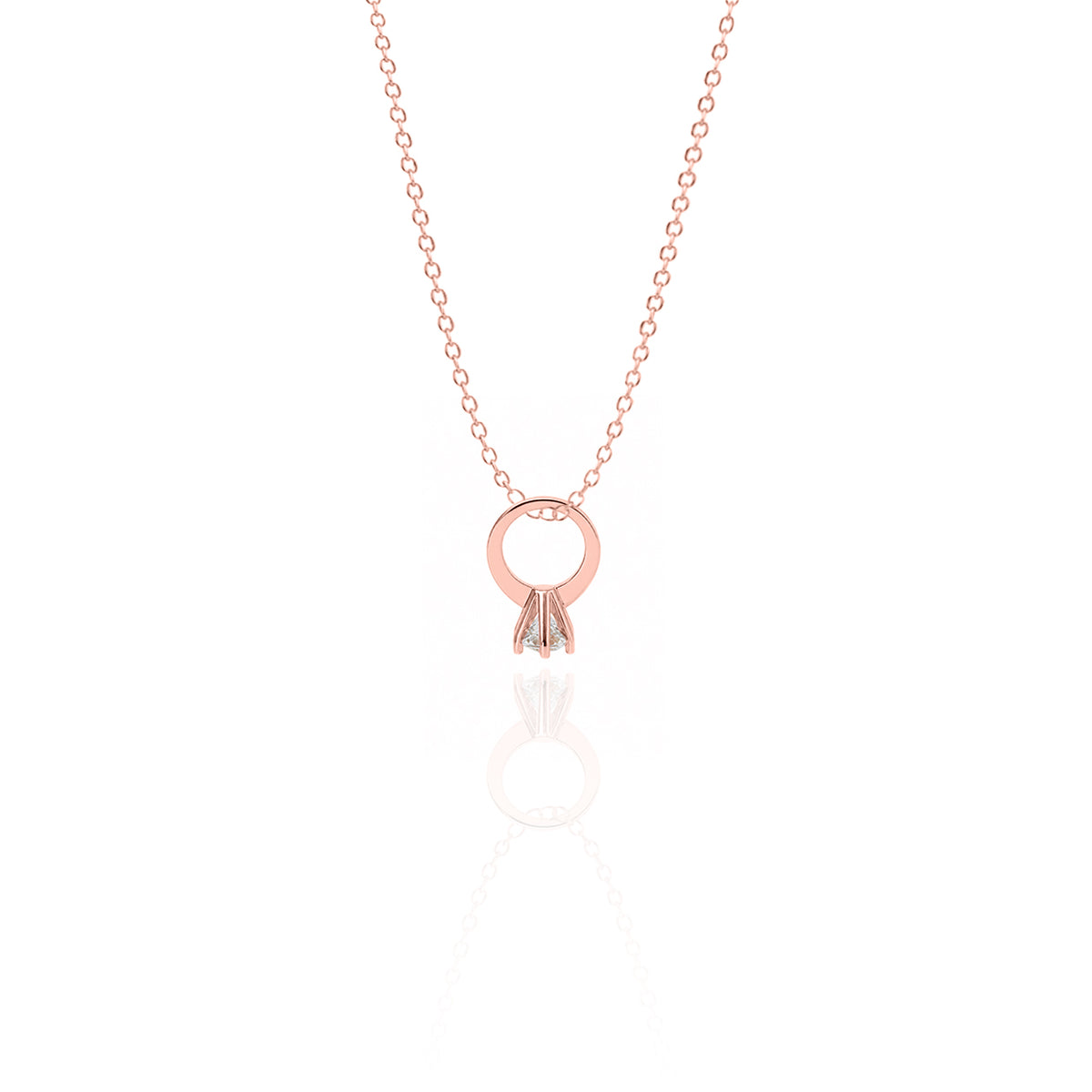 Rose gold necklace with a circular pendant on a white background