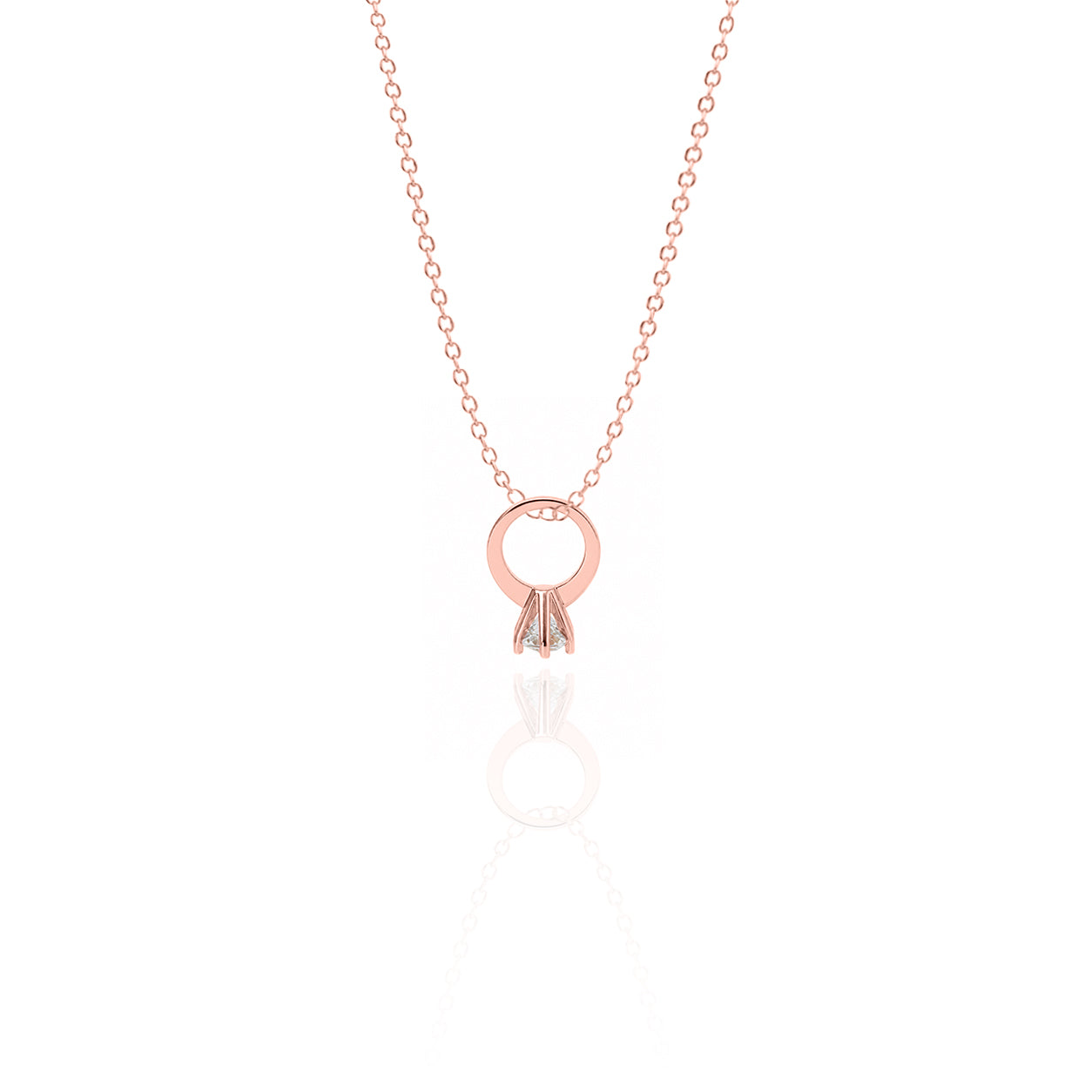 Rose gold necklace with a circular pendant on a white background