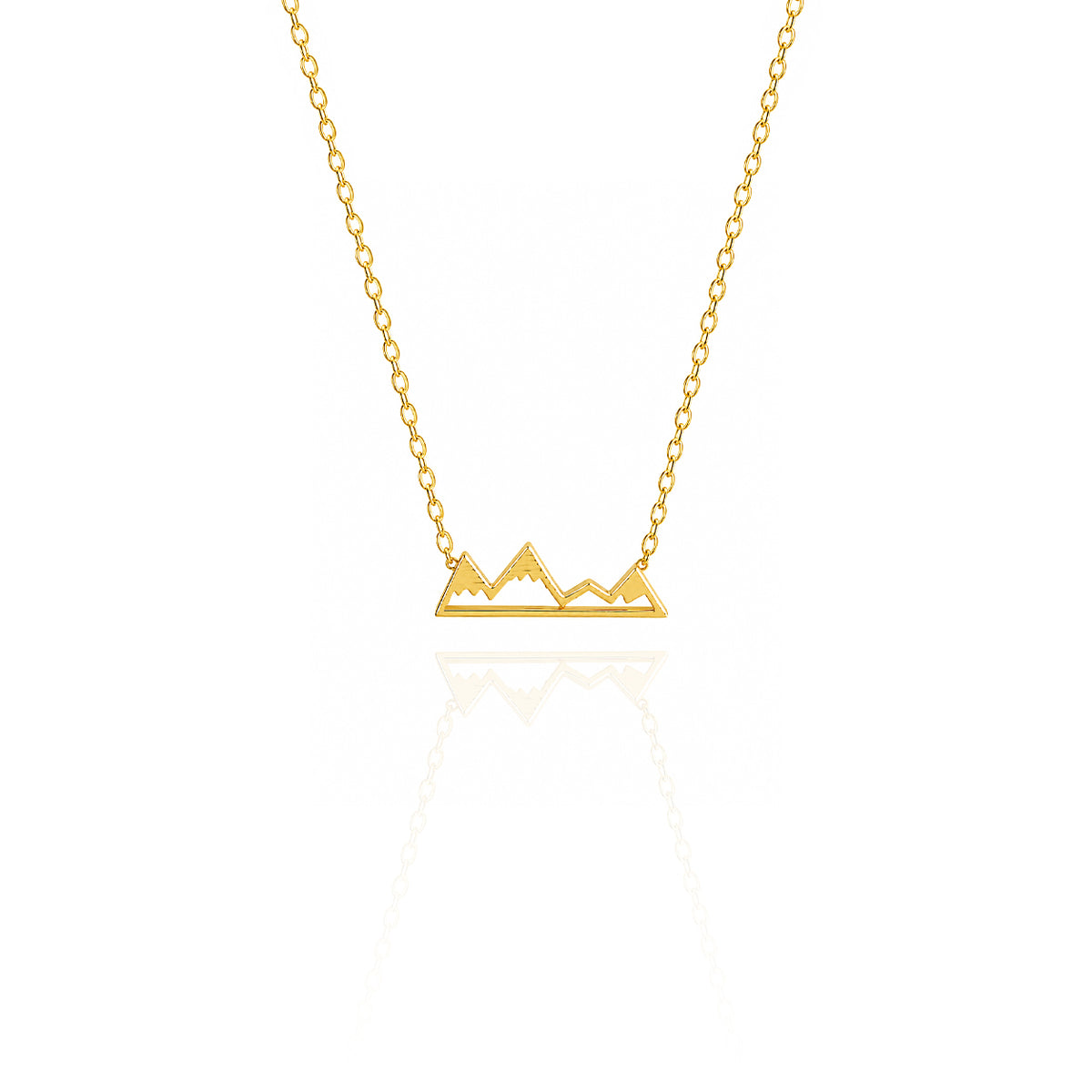 Gold-tone necklace with an open mountain-shaped pendant on a white background
