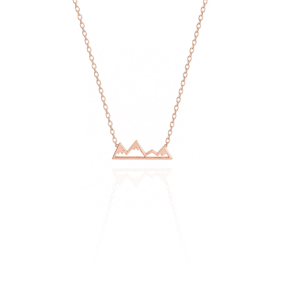Rose-gold-tone necklace with an open mountain-shaped pendant on a white background