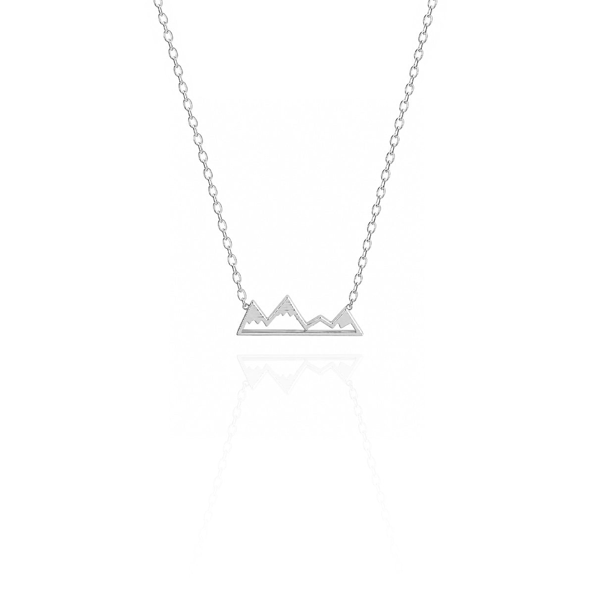 Silver-tone necklace with an open mountain-shaped pendant on a white background