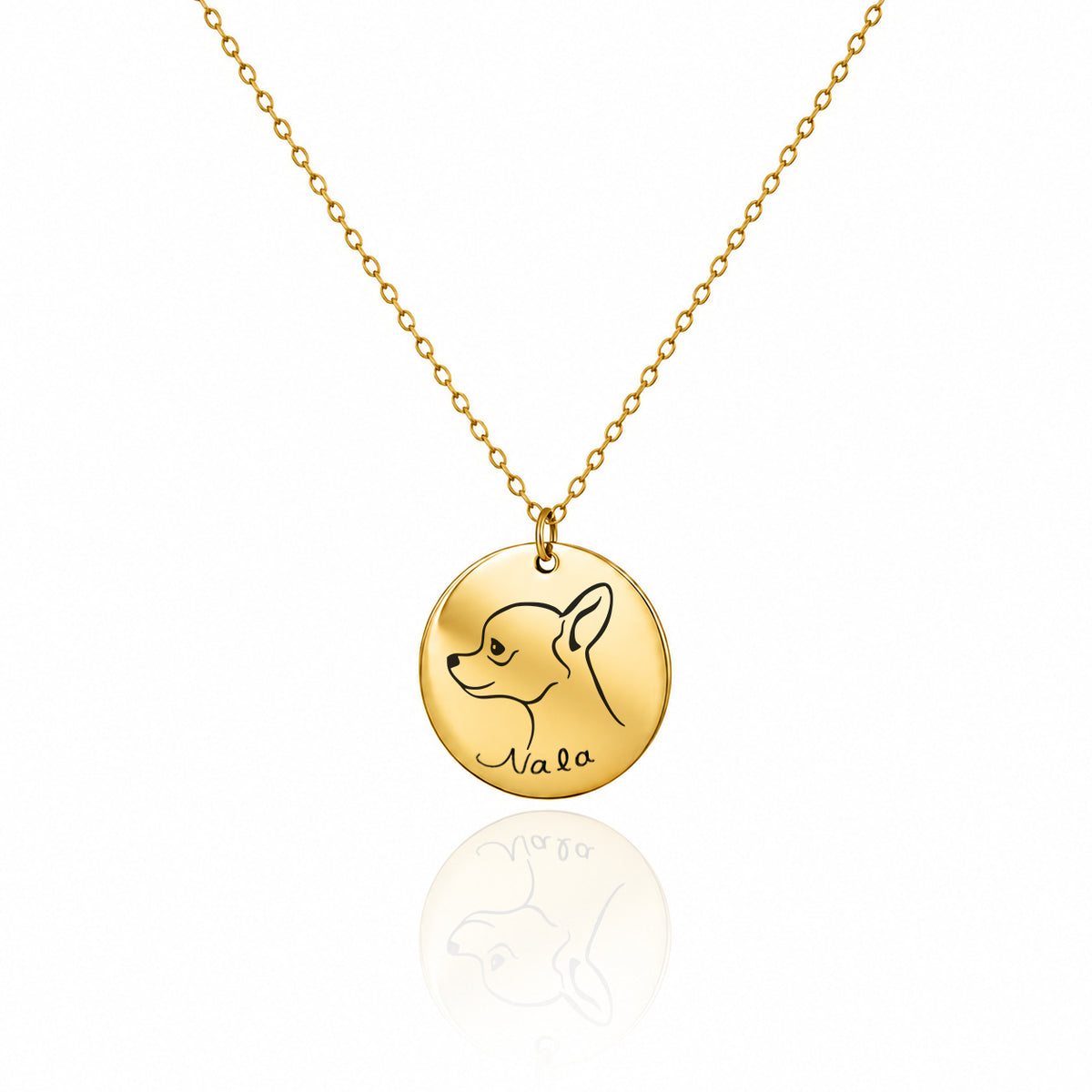 Gold-tone round pendant necklace engraved with a dog profile and the name Nala on a white background