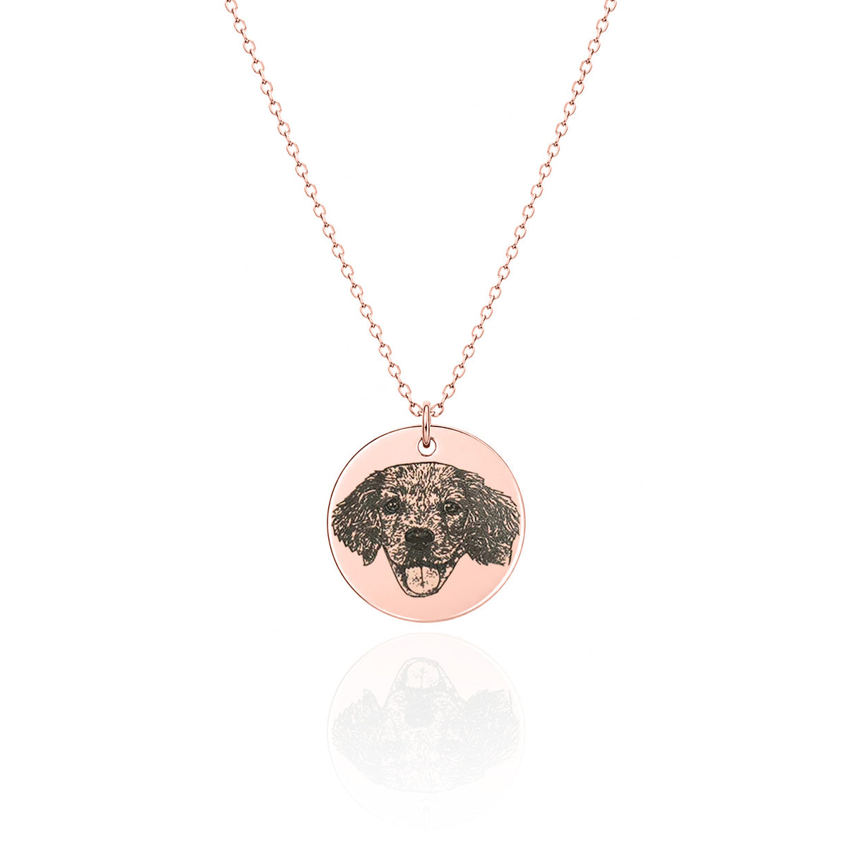 Rose-gold-tone round pendant necklace featuring a dog portrait on a white background