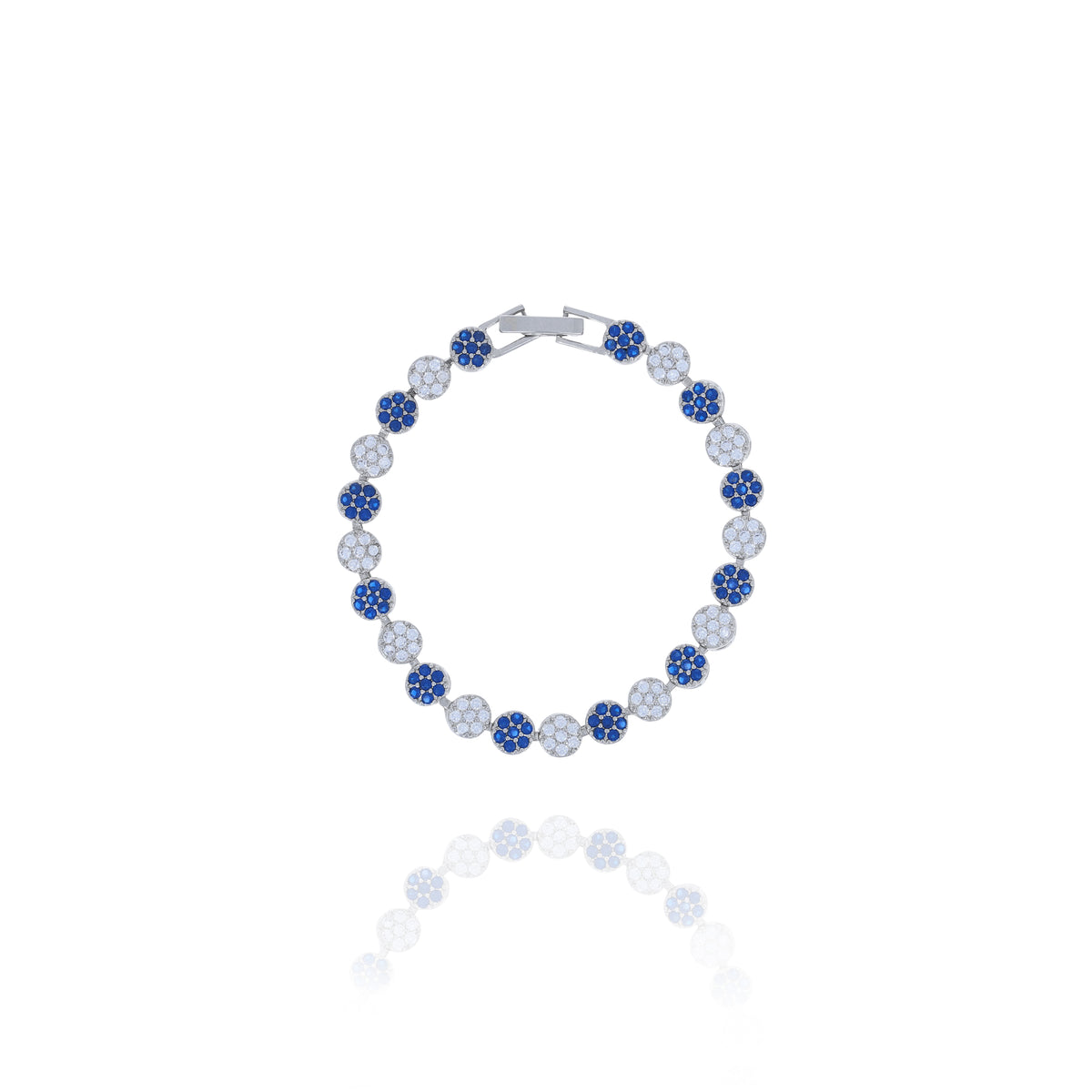 Silver-tone bracelet with alternating round links set with blue and clear stones on a white background