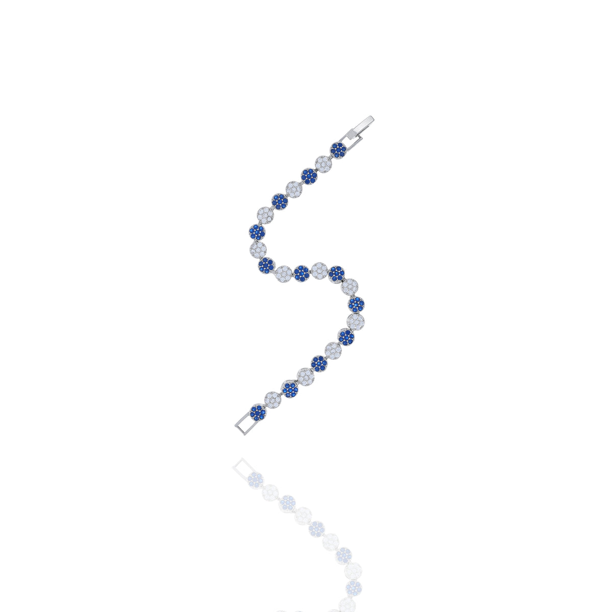 Silver-tone bracelet with alternating blue and clear round links arranged in a curved line on white background
