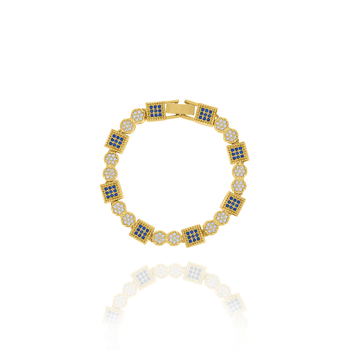 Gold-tone geometric bracelet with alternating square blue accents and round clear accents on a white background