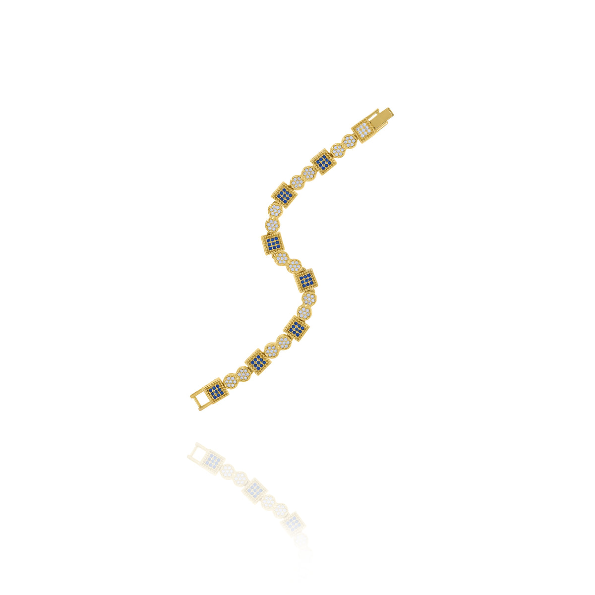 Gold-tone geometric bracelet with alternating square blue accents and round clear accents arranged in an S curve on white