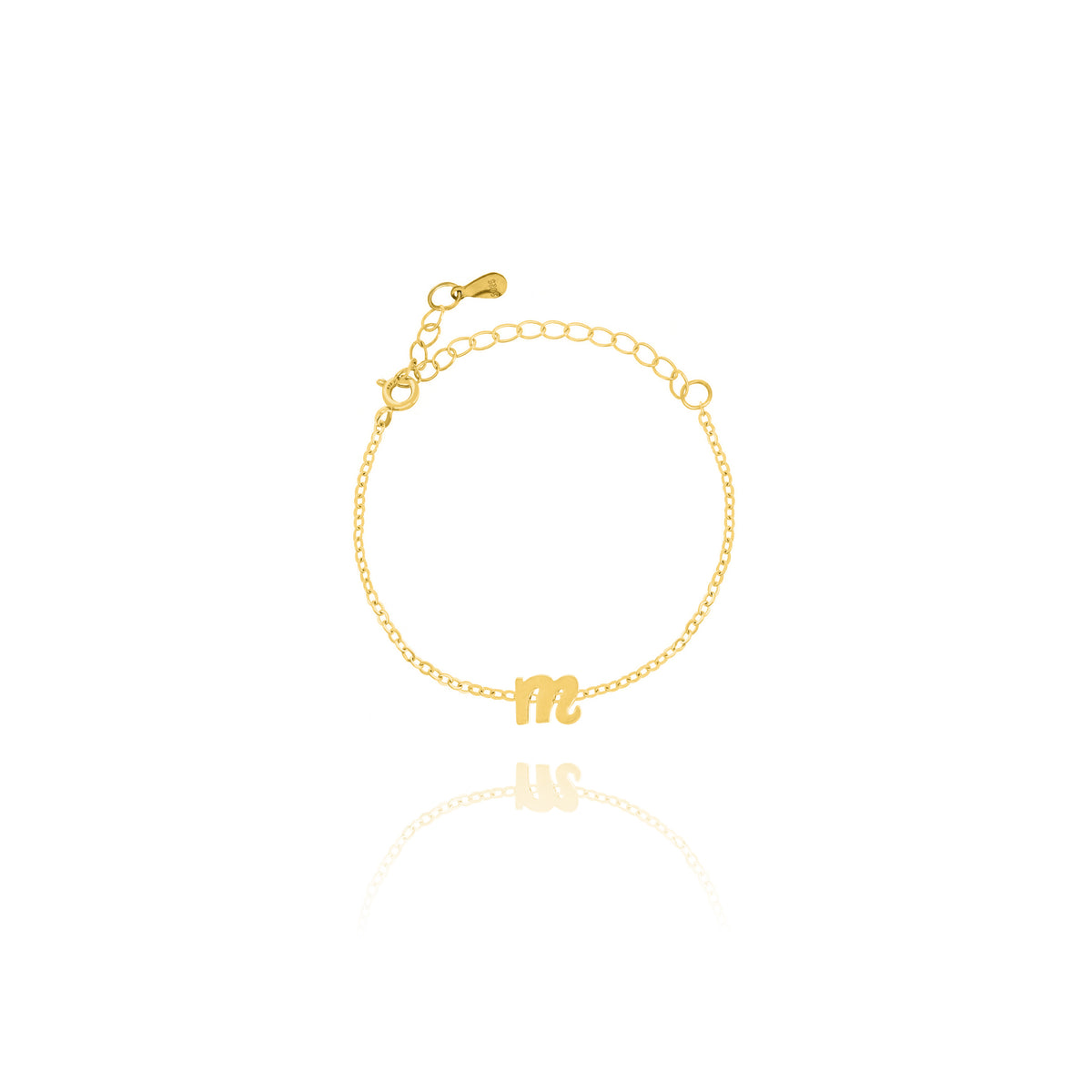 Bracelet with cursive lowercase m charm and adjustable chain on white background