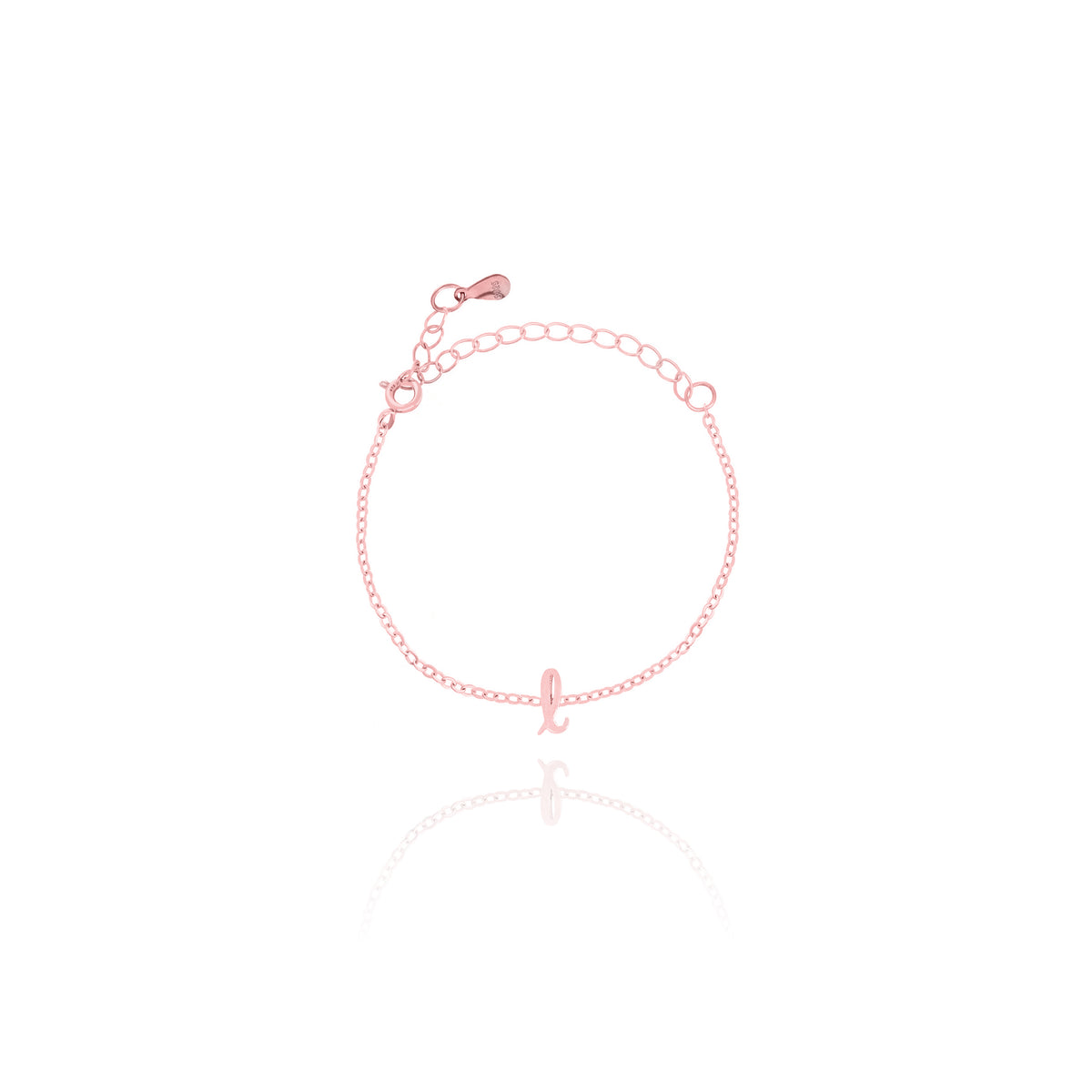 Rose-gold-tone bracelet with small cursive initial l charm and adjustable chain on white background