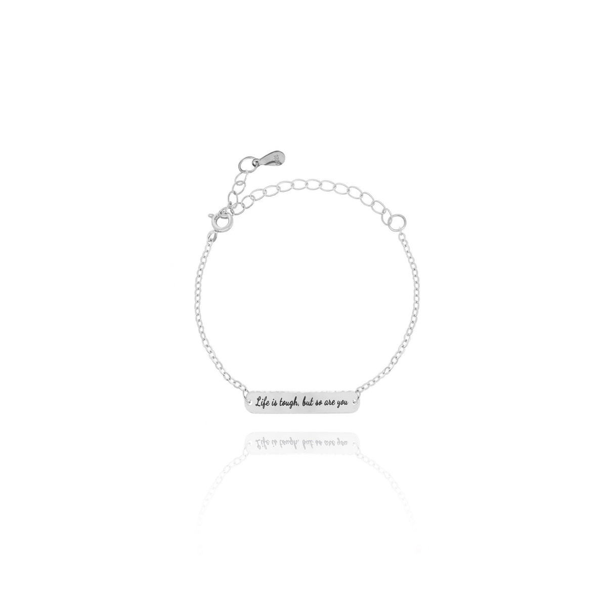 Silver-tone bar bracelet engraved Life is tough, but so are you on white background
