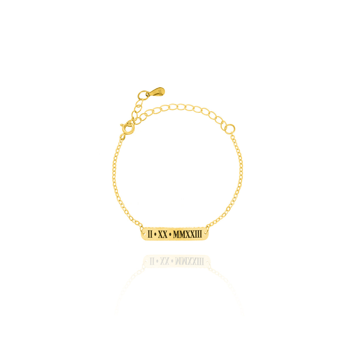 Gold-tone bar bracelet engraved with Roman numerals II XX MMXXIII on white background