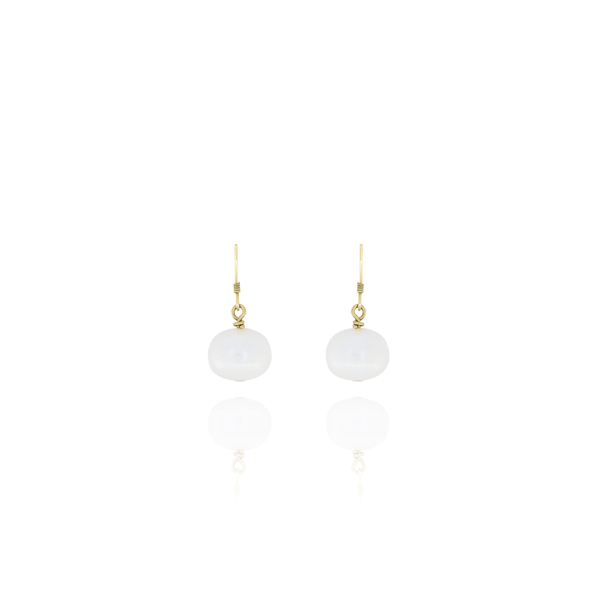 Two gold-tone dangle earrings with white rounded drops shown front-facing on a white background
