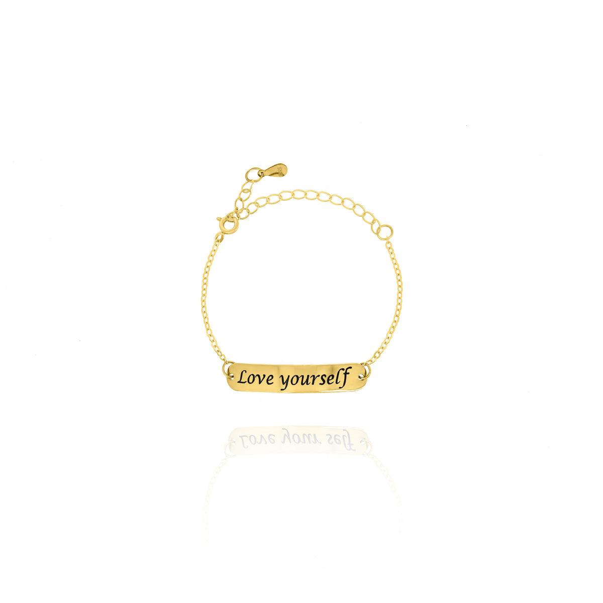 Gold-tone bar bracelet engraved Love yourself on a white background