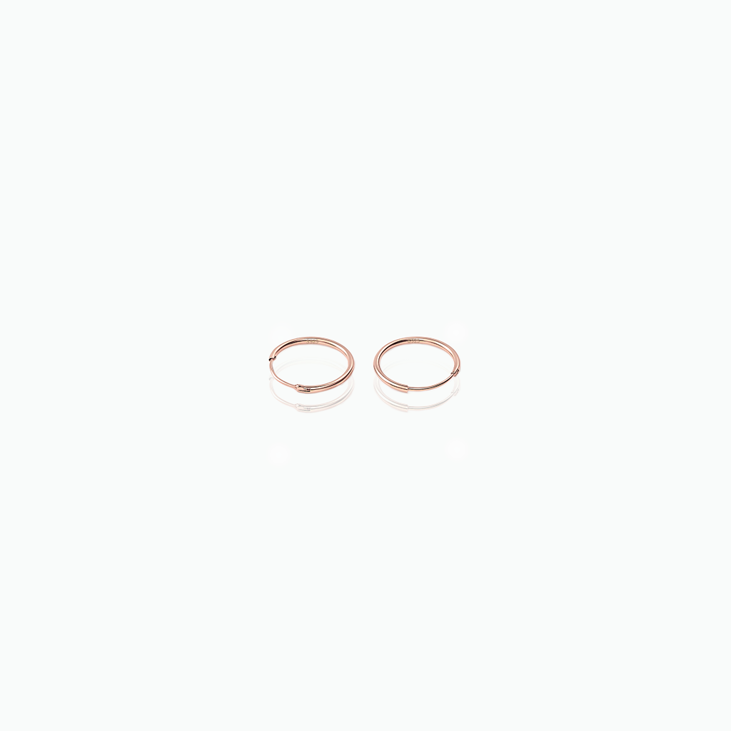 Two rose gold hoop earrings on a white background