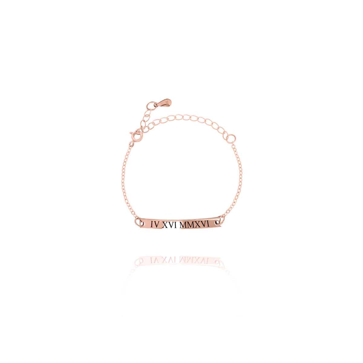 Rose-gold-tone bar bracelet engraved IV XVI MMXVI on a white background