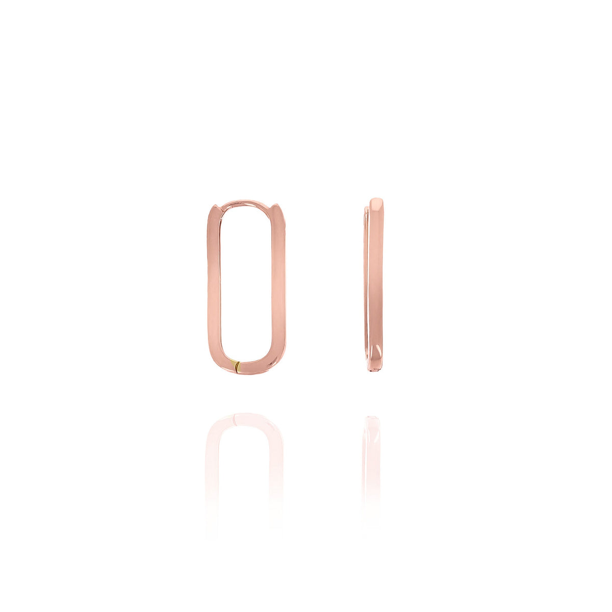 Pair of rose gold hoop earrings on a white background