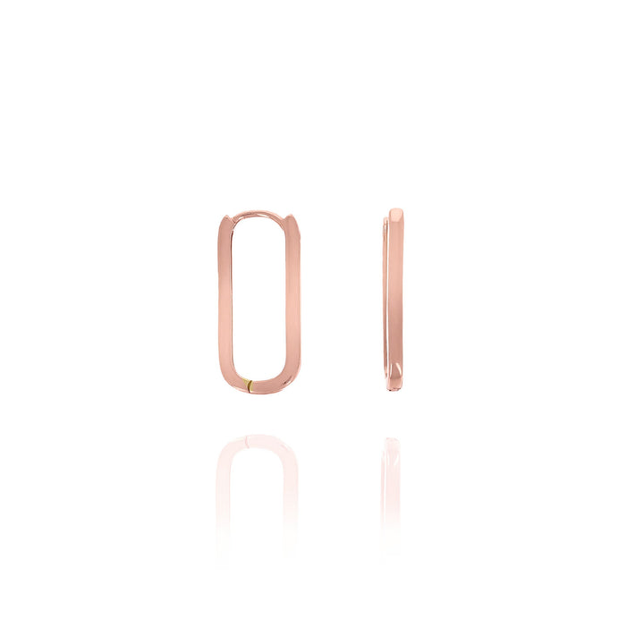 Pair of rose gold hoop earrings on a white background