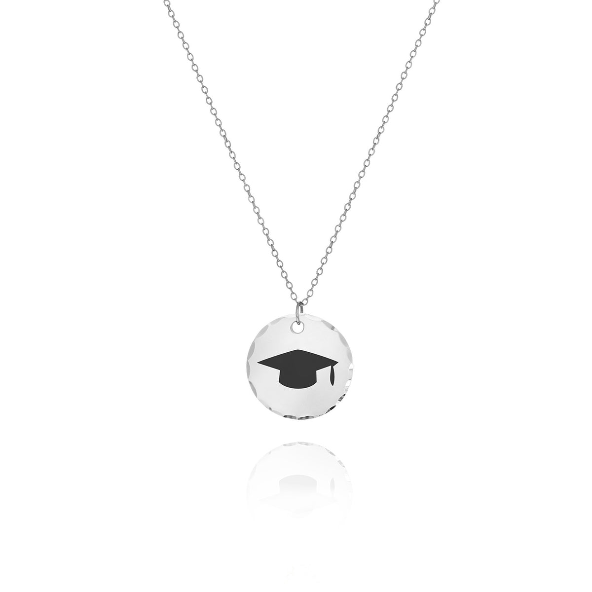 Silver-tone round disc necklace with hammered edge and graduation cap symbol on a white background