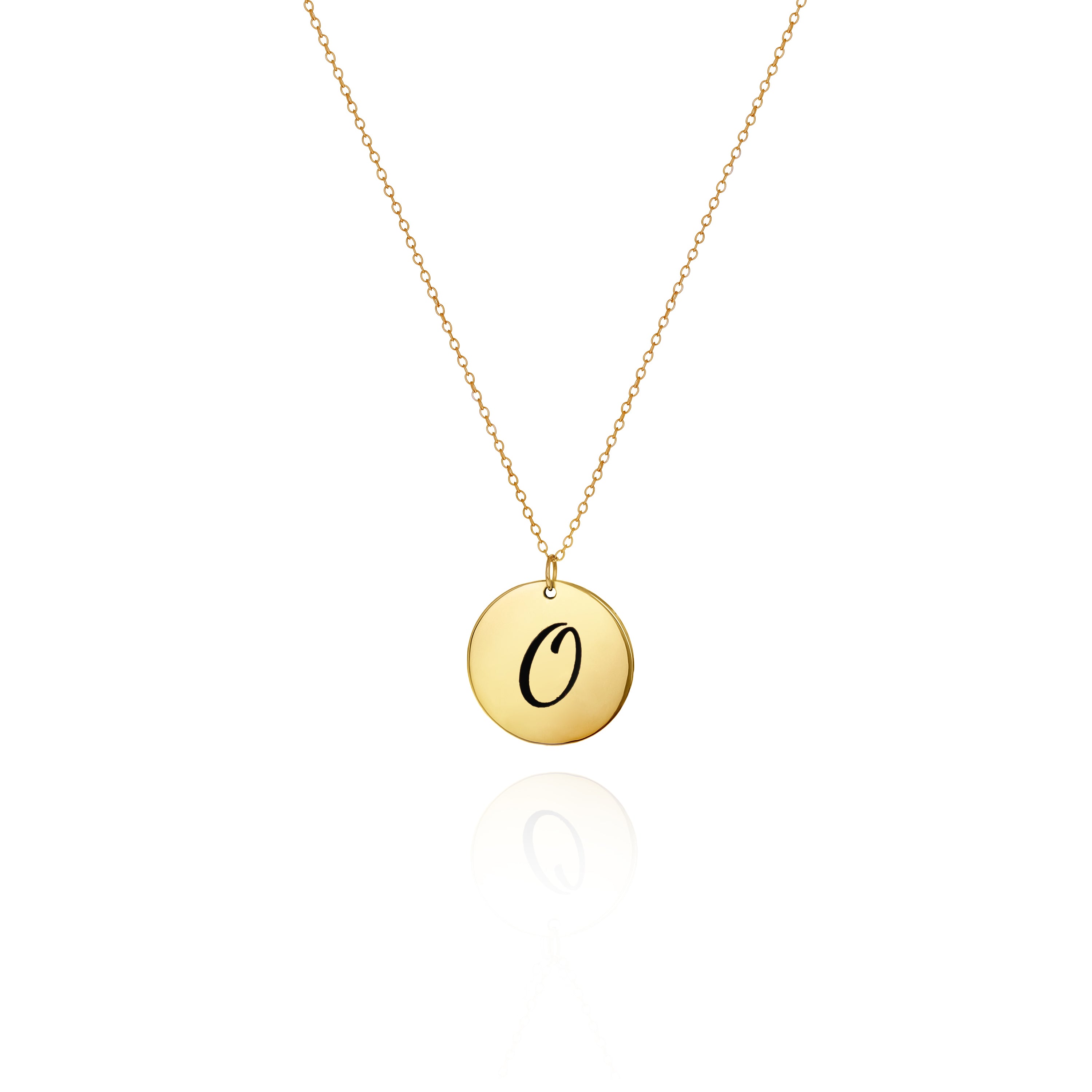 A gold necklace with a disc pendant engraved with the initial 'O' on a white background.