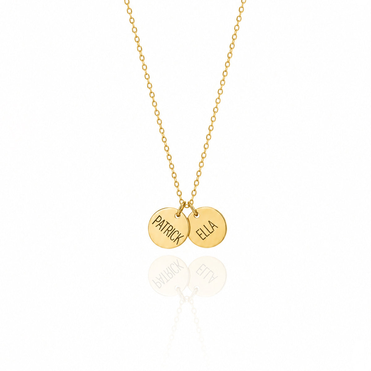 Gold-tone necklace with two round disc pendants engraved Patrick and Ella on a white background