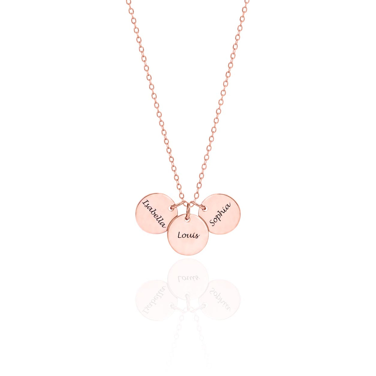 Rose-gold-tone necklace with three round disc pendants engraved Isabella, Louis, and Sophia on a white background
