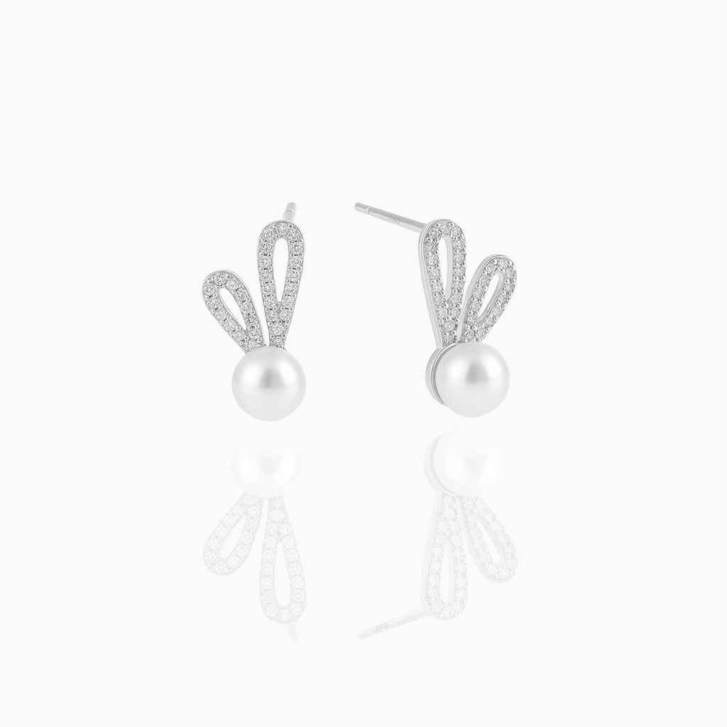 Sterling Silver Bunny Pearl Stud Earrings with CZ