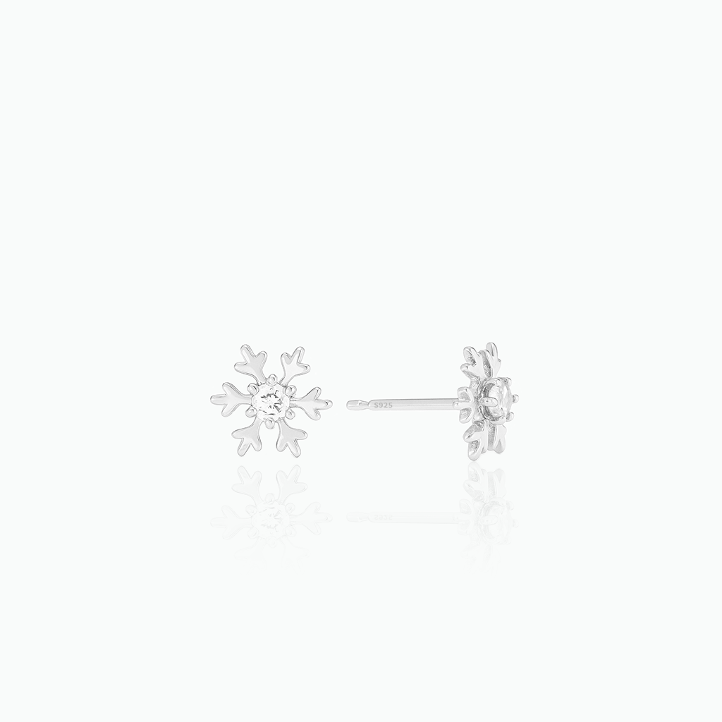 Silver snowflake earrings on a white background