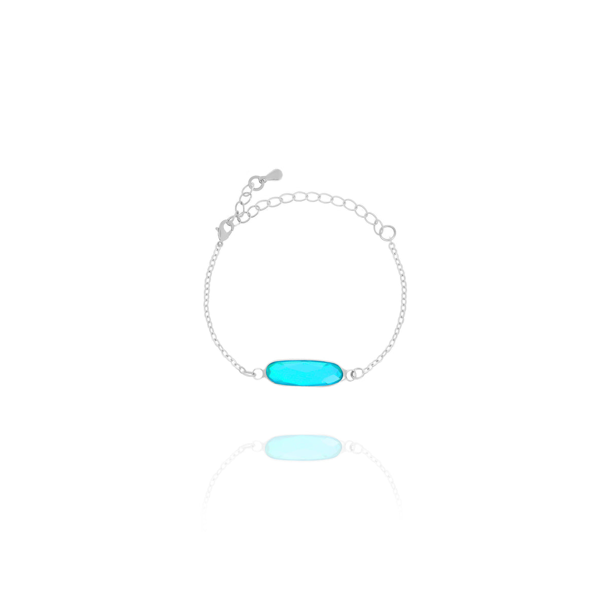 Bracelet with bright blue rectangular stone and silver-tone adjustable chain on white background