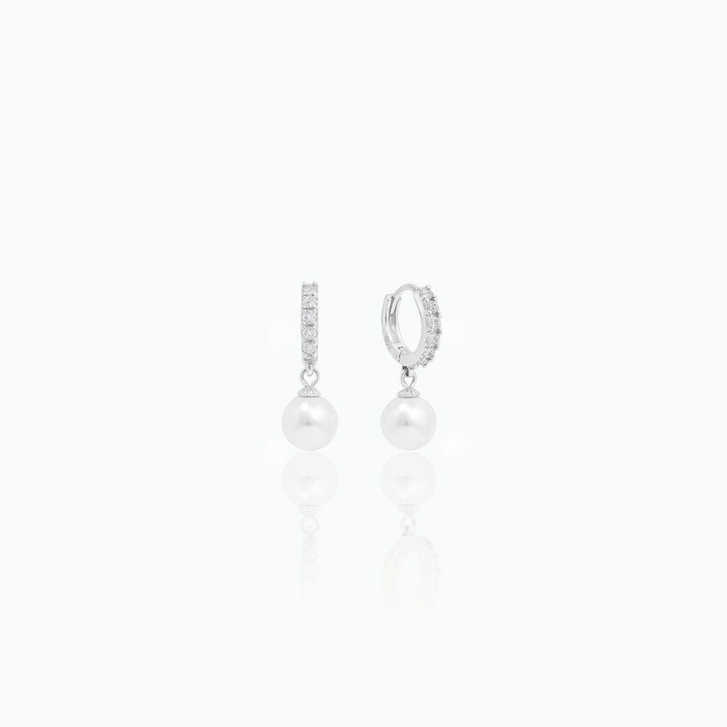 Silver Pearl Huggie Earrings – Dainty CZ Hoop with Pearl Charm | Gift for Her- S115