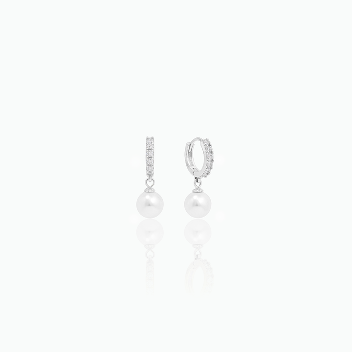 Silver Pearl Huggie Earrings – Dainty CZ Hoop with Pearl Charm | Gift for Her- S115