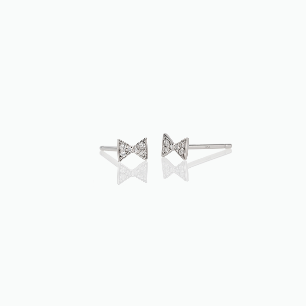 Dainty Bow Stud Earrings – Sterling Silver with CZ Diamonds- S036