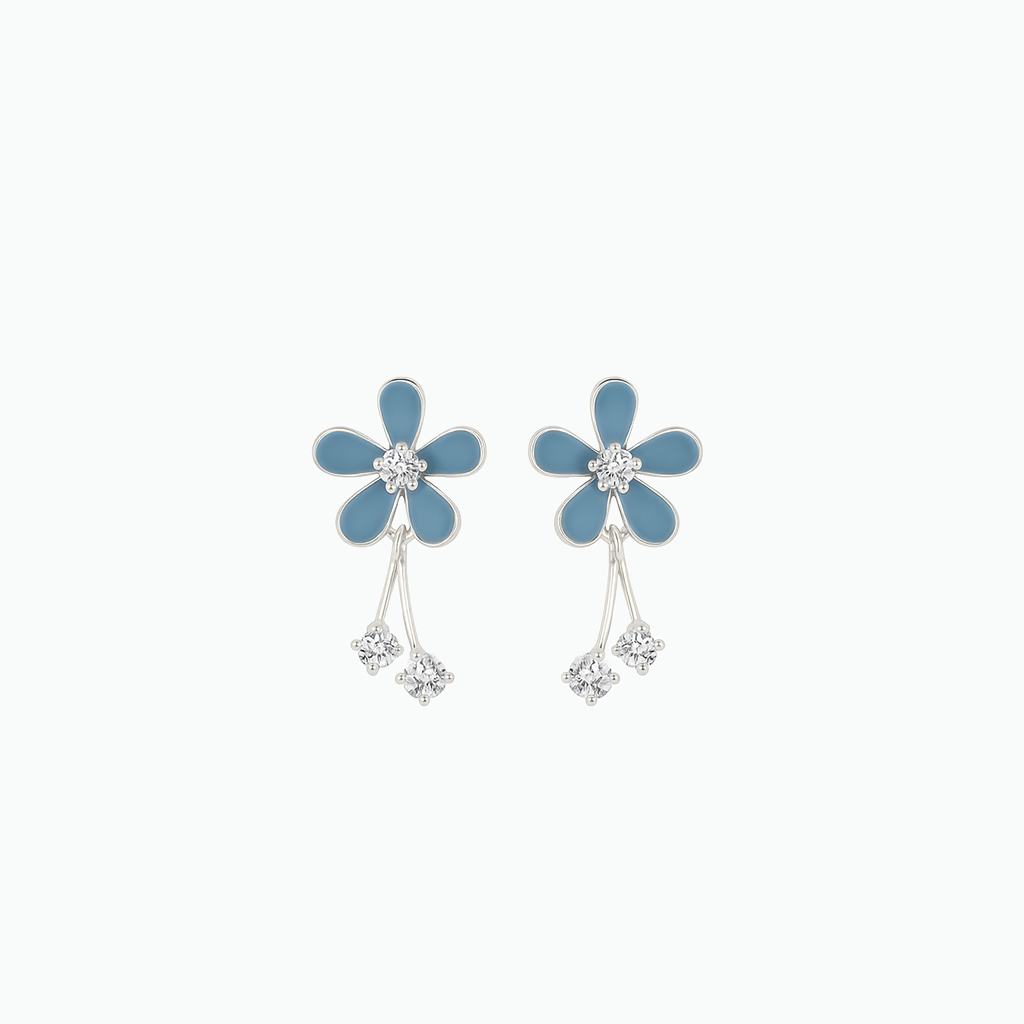 Pair of blue flower-shaped earrings with dangling elements on a white background