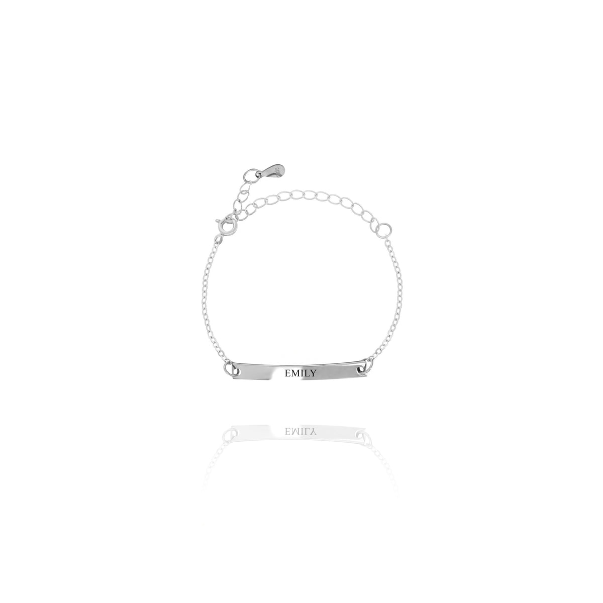 Silver-tone bar bracelet engraved EMILY on a white background