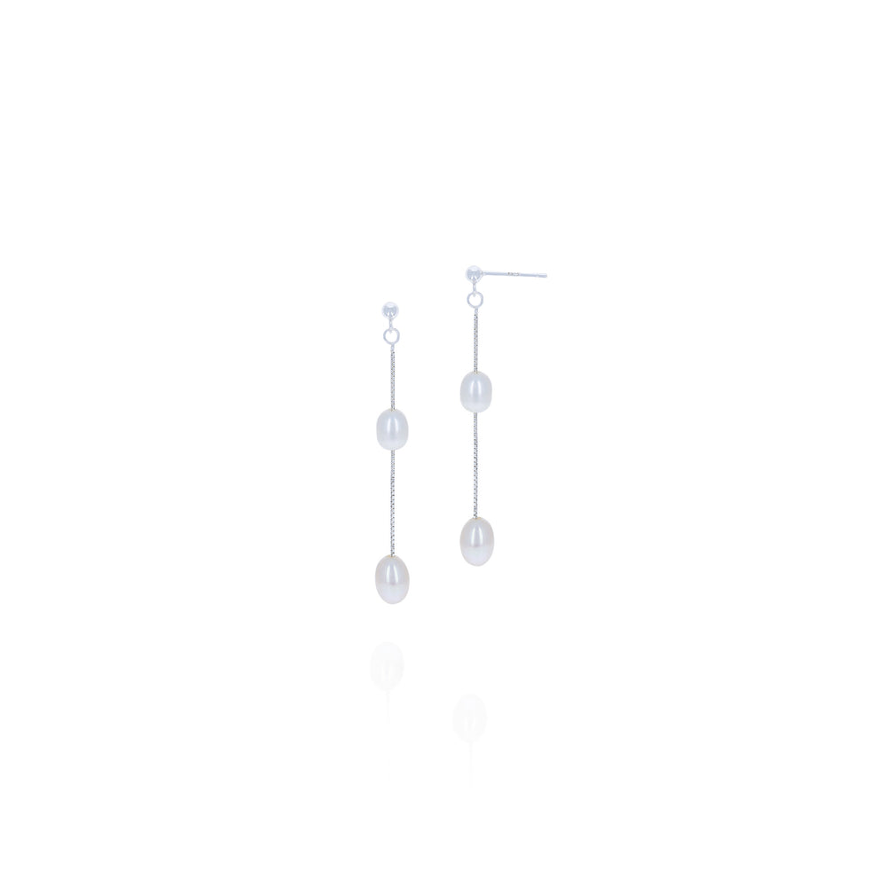 A pair of sterling silver dangle earrings featuring freshwater pearls.