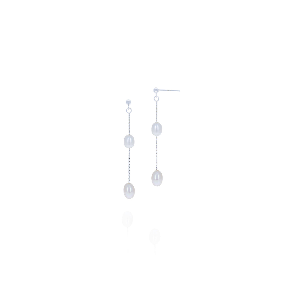 A pair of sterling silver dangle earrings featuring freshwater pearls.