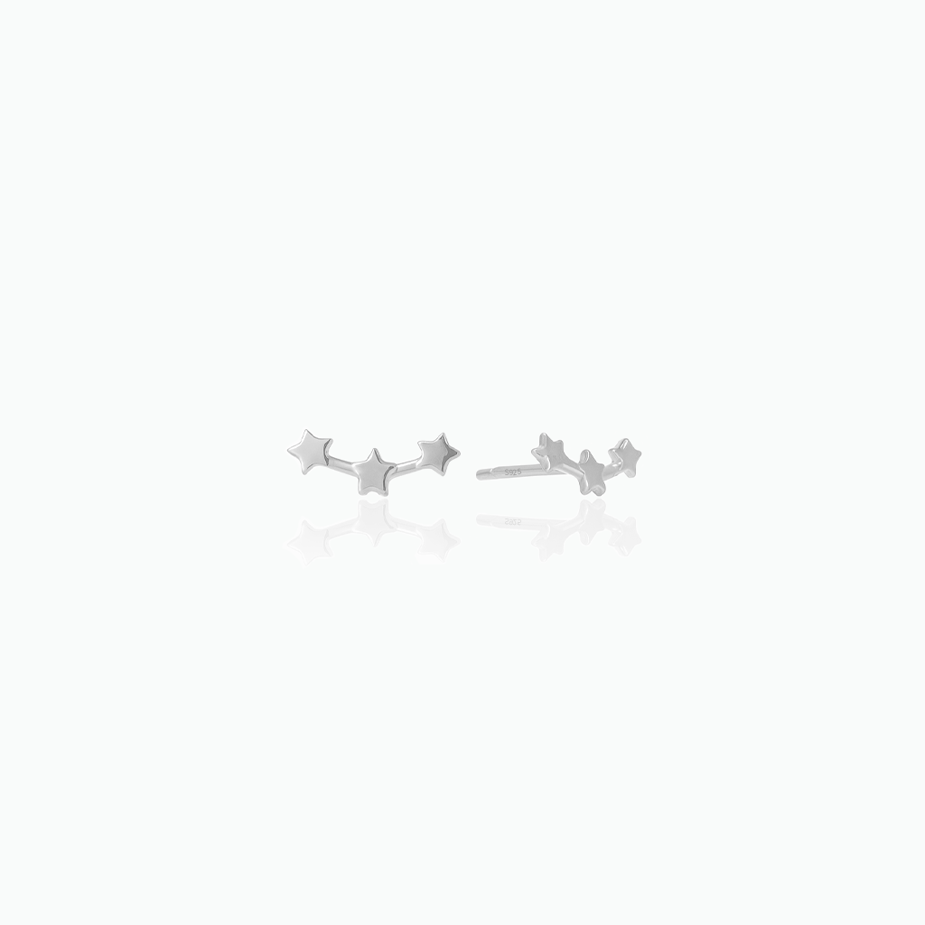 Pair of silver star-shaped earrings on a white background