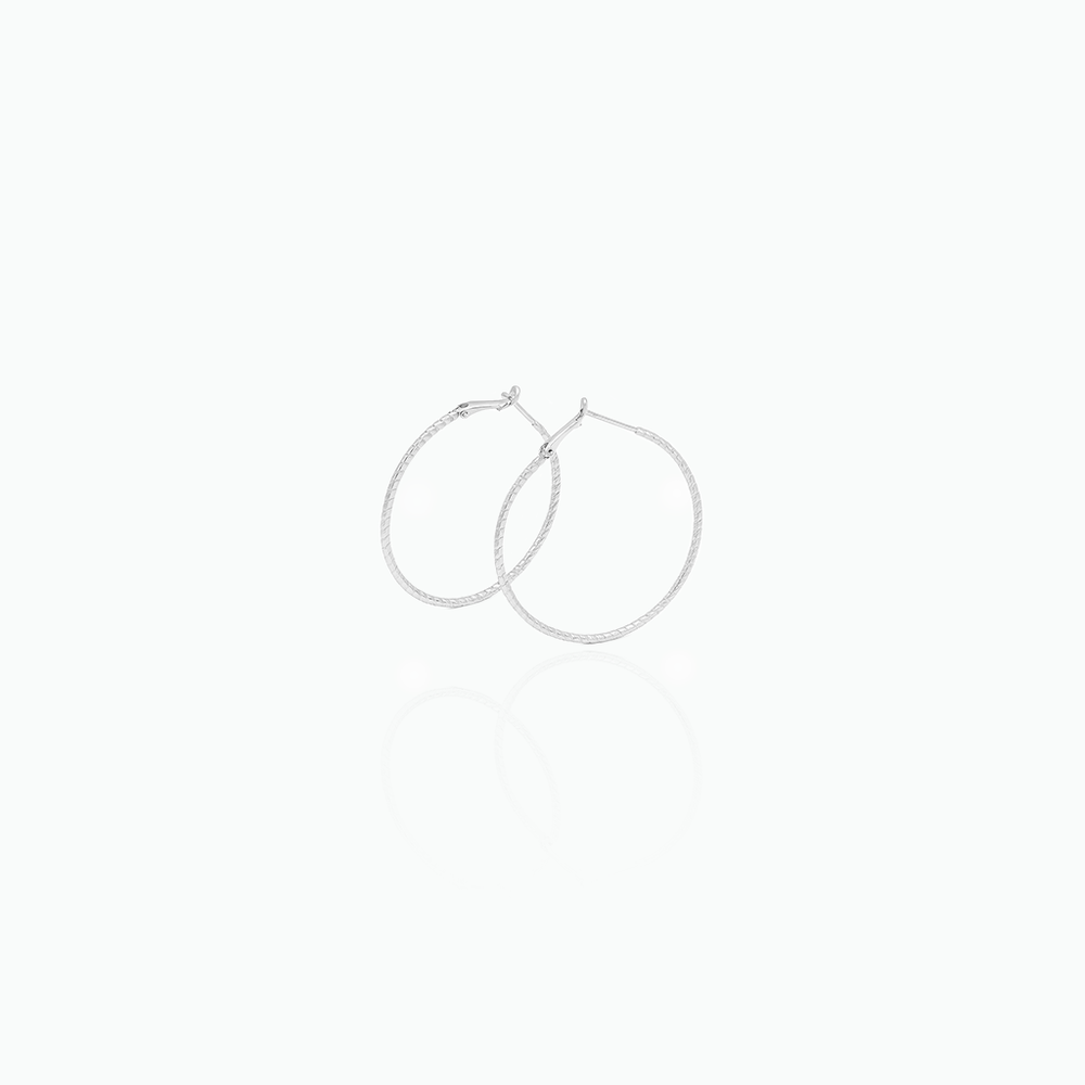 Pair of silver hoop earrings on a white background