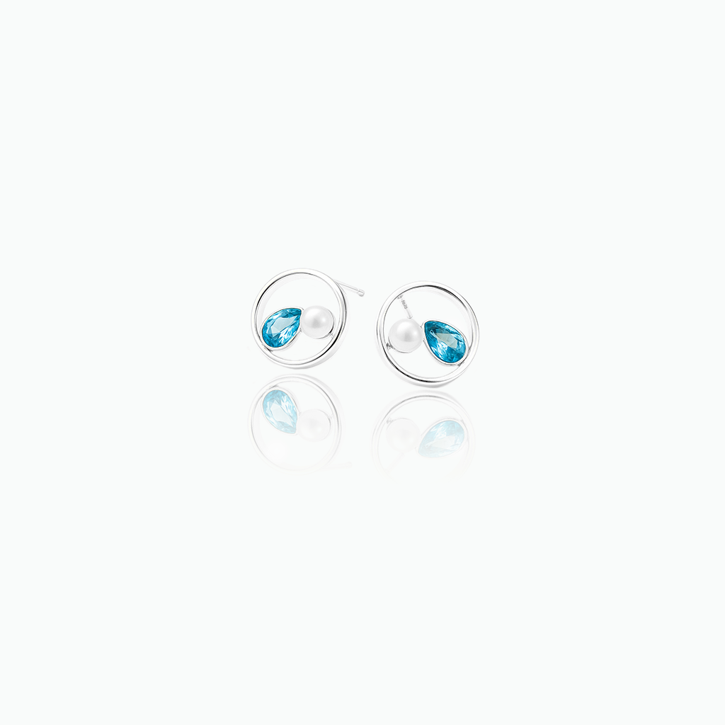 Pair of silver earrings with blue gemstones on a white background