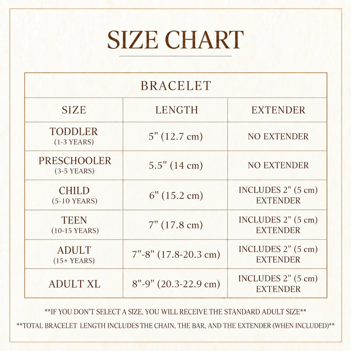 Bracelet size chart showing lengths and extender details from toddler to adult XL